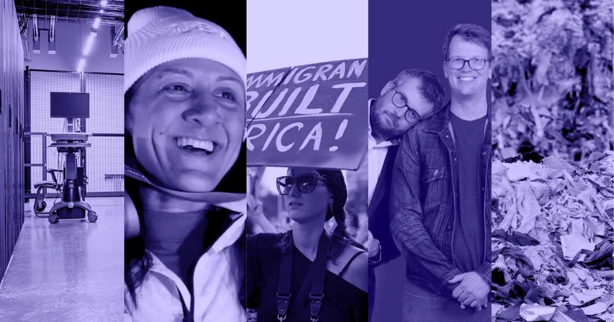 A photo collage of a monitor on a rolling standee, a close-up portrait of Elana Meyers Taylor, a woman protests while holding a signage, John and Hank Green pose for a photo, and a pile of trash