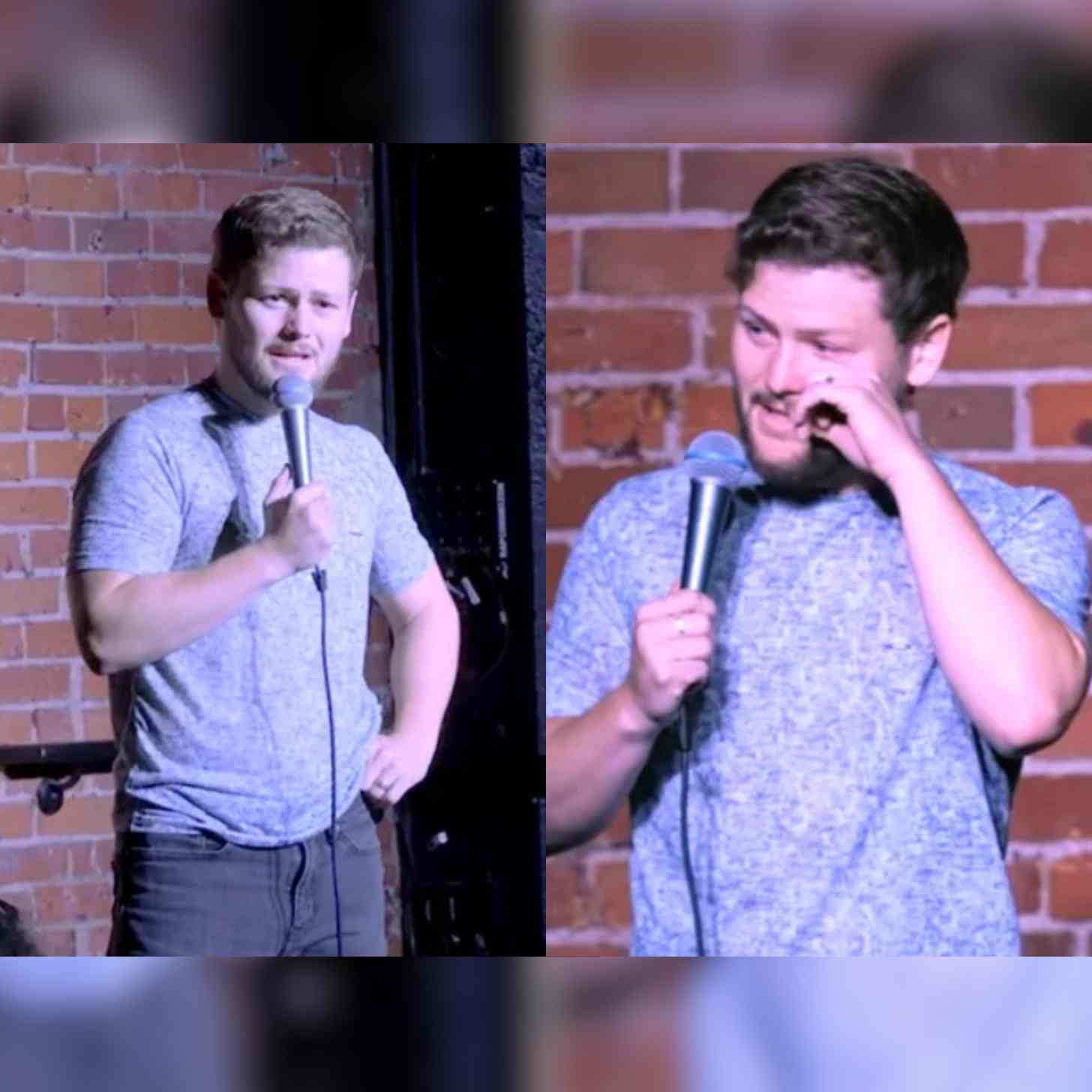 Drew Lynch, a young brown-haired man, tears up on a stage.