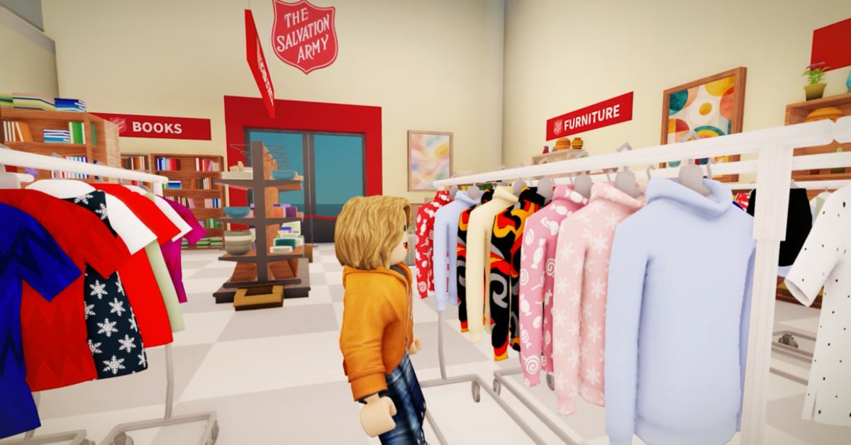 A digital Roblox avatar inside a digital Salvation Army