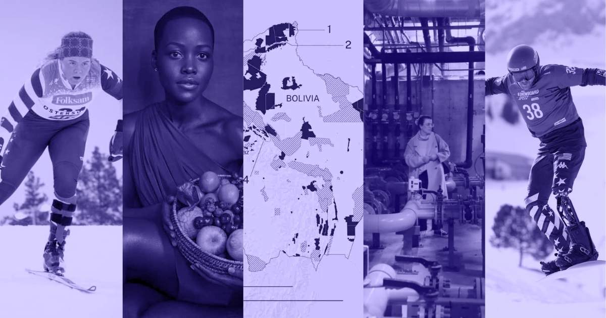 A photo collage of Paralympian Sydney Peterson skiing down a hill, Lupita Nyong'o posing with a fruit basket, a map of Bolivia, a woman stands inside an underground aqueduct, and Paralympian Mike Schultz snowboarding on a rail