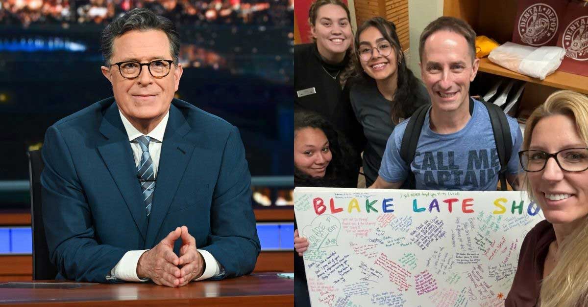 Two photos side-by-side. On the left is Stephen Colbert sitting at his "Late Show" desk. On the right is a man named Ron Blake, holding a poster full of signed messages, smiling with a group of strangers