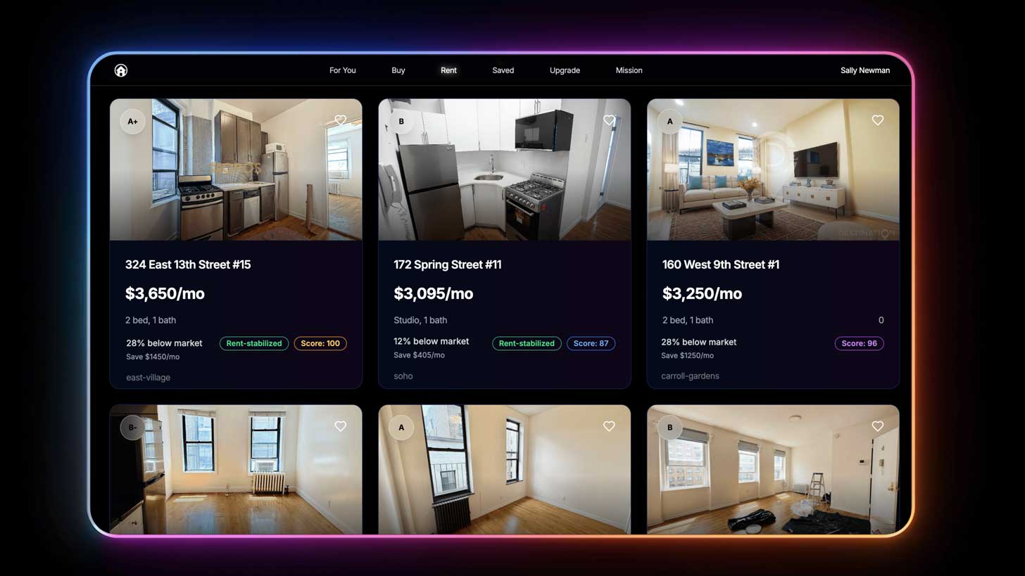 A mockup of a website called Realer Estate, where people can compare prices of rent-stabilized apartments