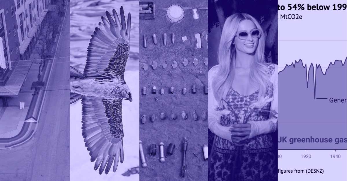A photo collage of a rainbow sidewalk in San Antonio, Texas in an aerial point-of-view, a bearded vulture mid-flight, bombs and weapons laid out on dirt in a flatlay arrangement, Paris Hilton smiles for the camera, and a chart about UK greenhouse gas emissions
