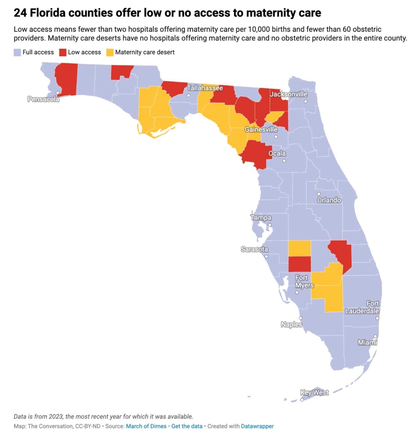 A map of Florida counties who offer low or no access to maternity care