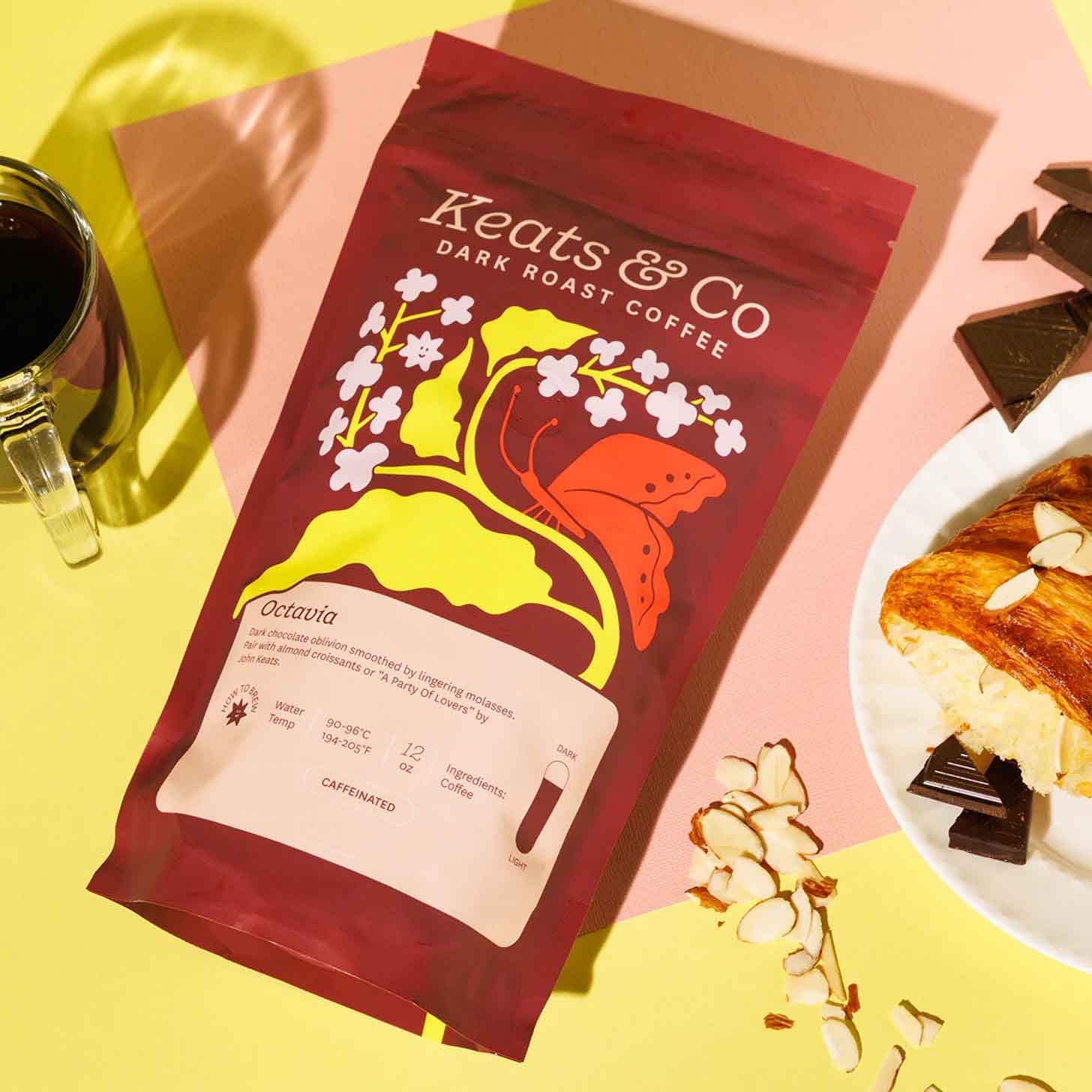 A flat-lay of a maroon bag of coffee from Keats & Co