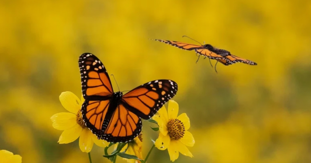 Two monarch butterflies, one on a flower, one taking flight, in a yellow flower field