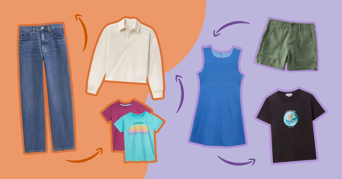 A collage of clothing items, with Amazon arrows dispersed between them