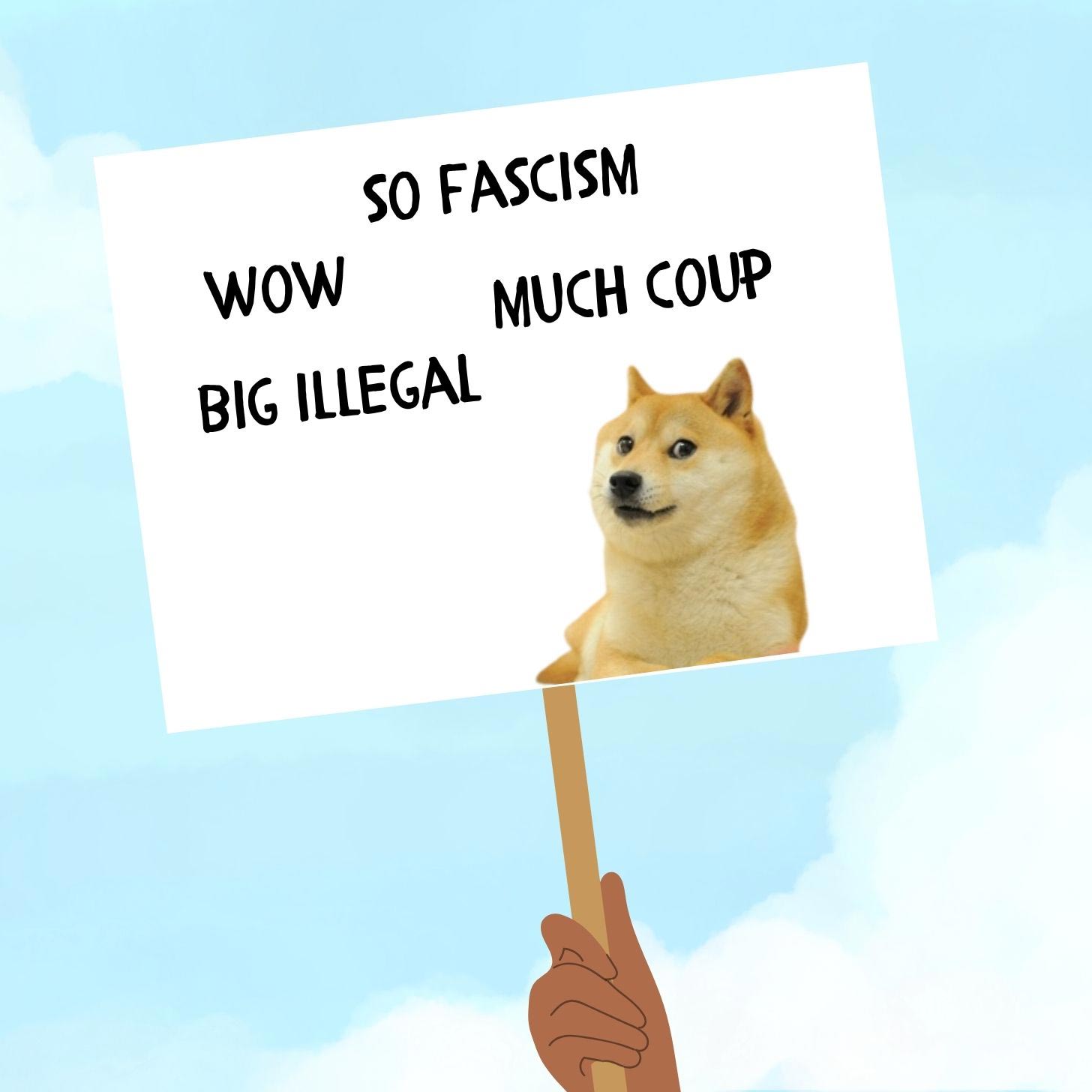 An illustration of a protest sign reading, "So fascism. Wow. Much coup. Big illegal." with a photo of a shiba inu