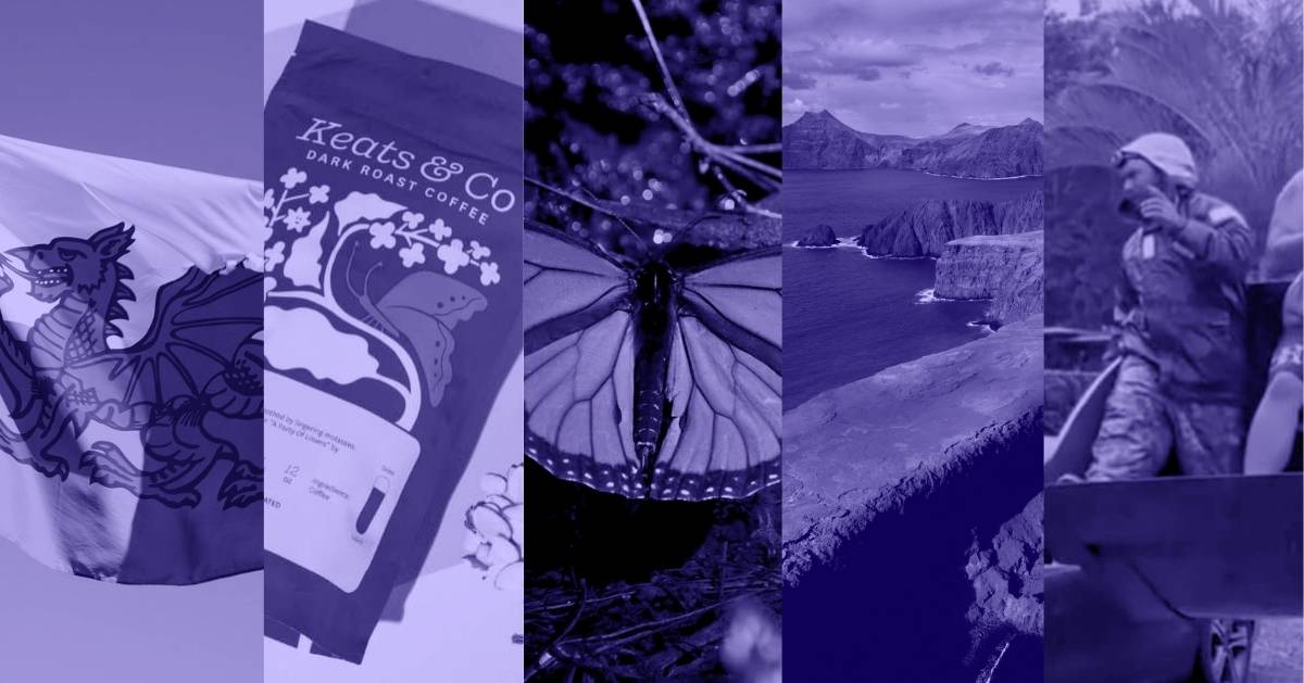 A photo collage of the Wales flag, a bag of Keats & Co. coffee beans, a Monarch butterfly, an aerial view of the mountains and ocean, and a rescuer stands inside a tractor's bucket