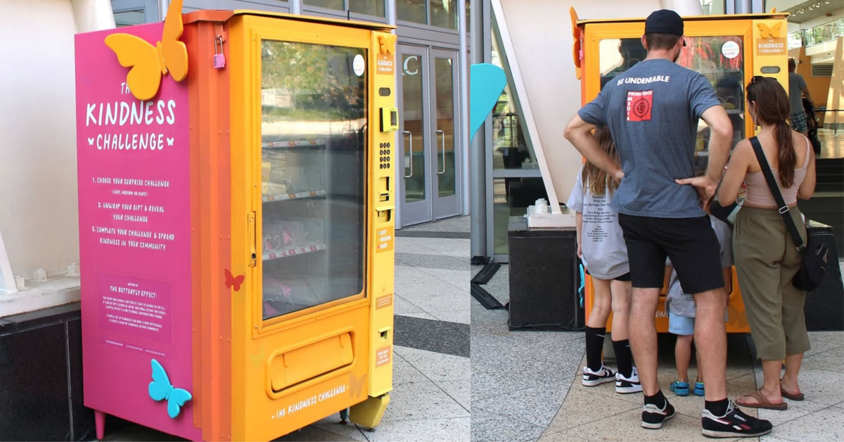 Two photos side by side. On the left is a pink and yellow vending machine with blue butterflies on the side. On the right is a line of people at the vending machine