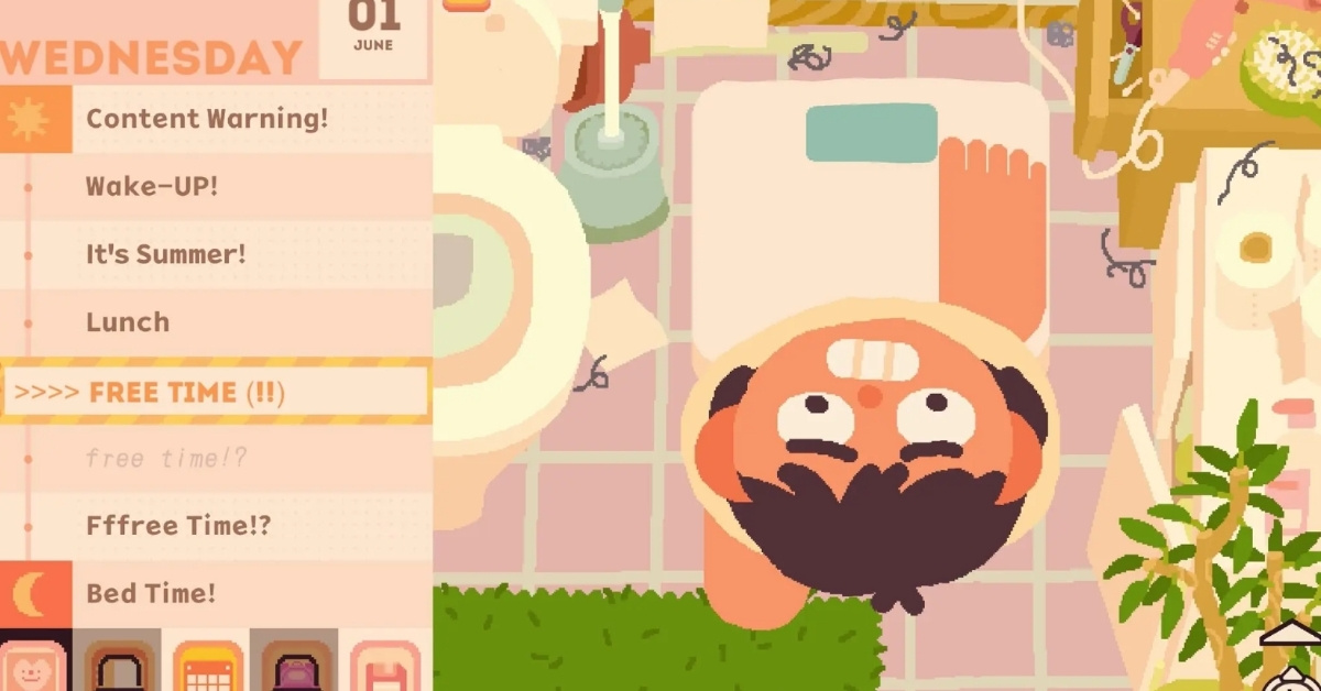 A screenshot from the game "Consume Me" with a 8-bit character stepping up to a scale.