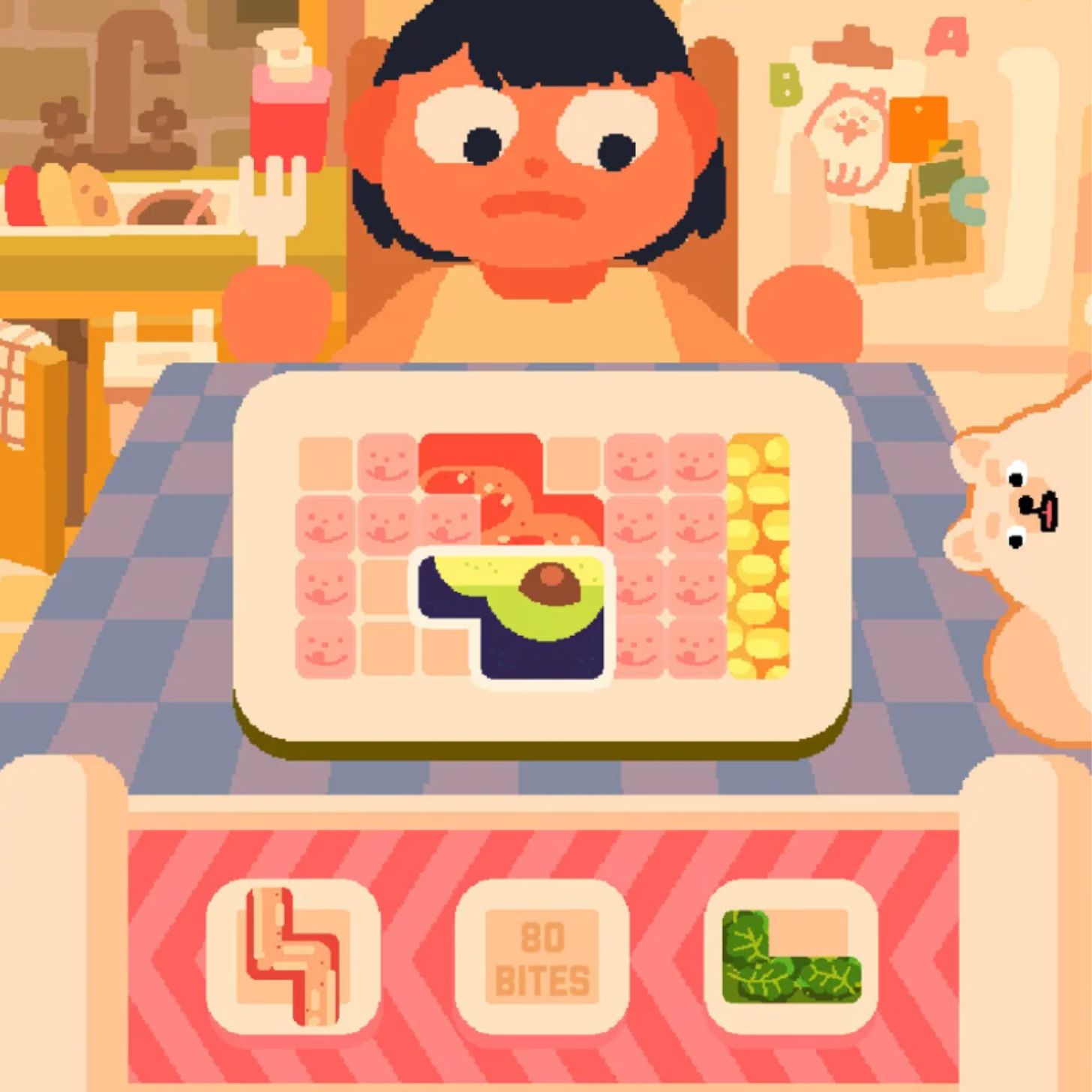 A screenshot from the game "Consume Me" with a worried looking 8-but character looking at a plate of food