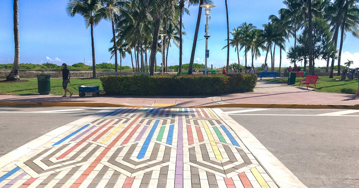 A rainbow crosswalk made out of colorful bricks in Miami Beach, Florida