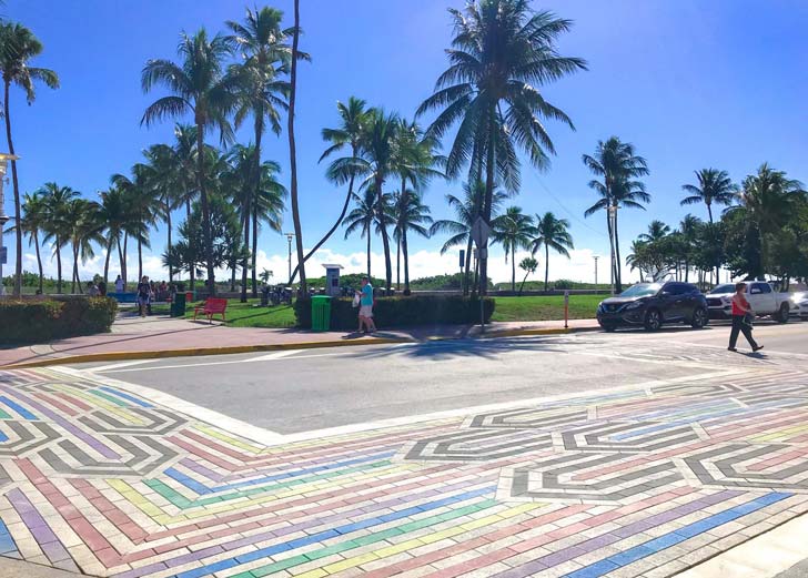 A rainbow crosswalk made out of colorful bricks in Miami Beach, Florida
