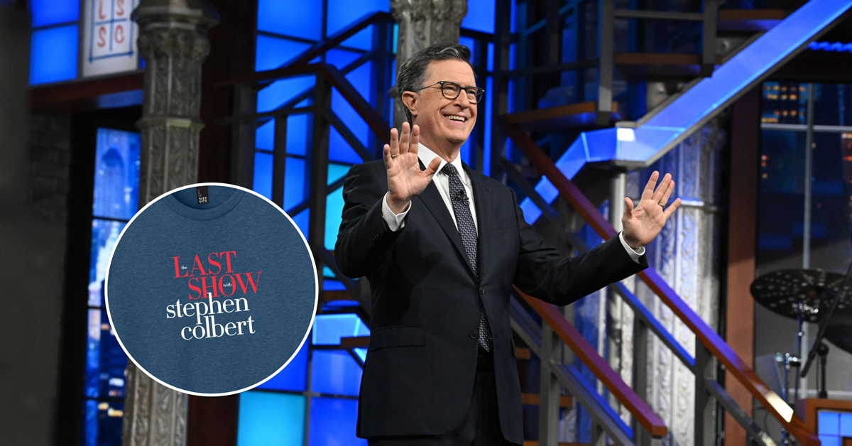 Stephen Colbert gives a monologue on the set of "The Late Show." In the corner is a circle containing a zoomed-in photo of a T-shirt commemorating "The Late Show's" final season
