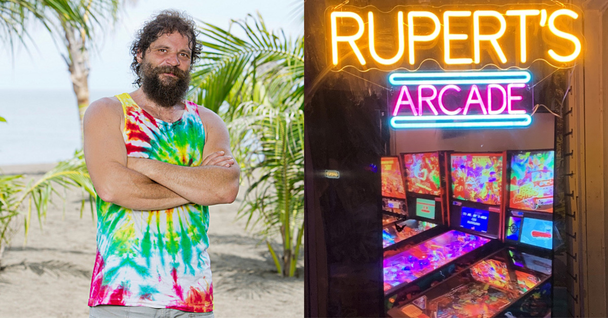 Two photos side by side. On the left is Rupert Boneham in Survivor, wearing a rainbow tie-dye tank top on an island. On the right is a yellow neon sign above a pinball arcade that reads "Rupert's Arcade"