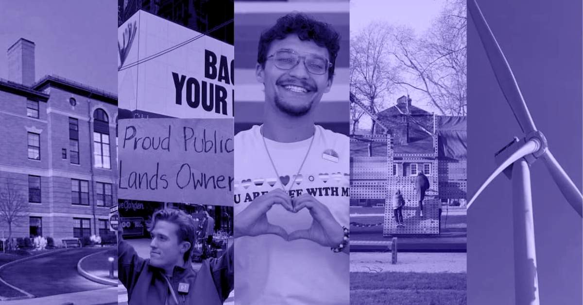 A photo collage of a building, a man holding up a sign saying 'Proud Public Lands Owner', a man smiling to the camera as his hands form a heart, two people playing at a playground, and a wind turbine up close