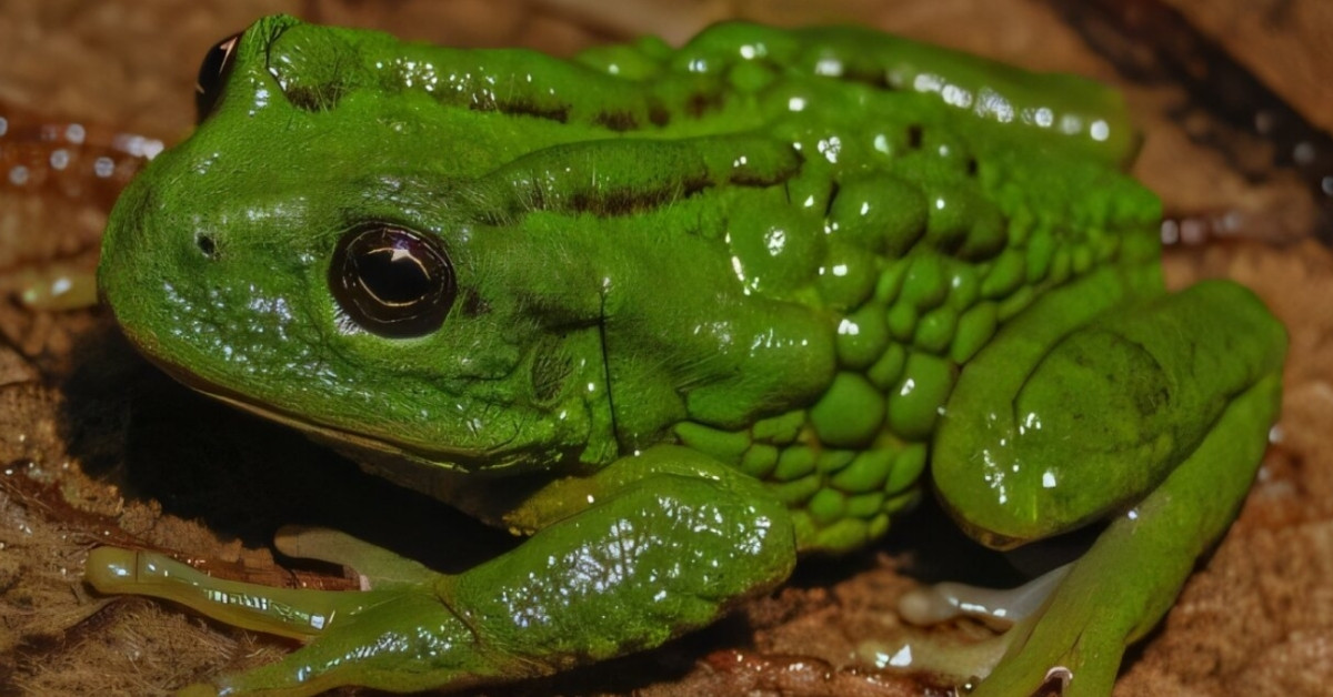 A green frog with a bumpy back is pictured close-up