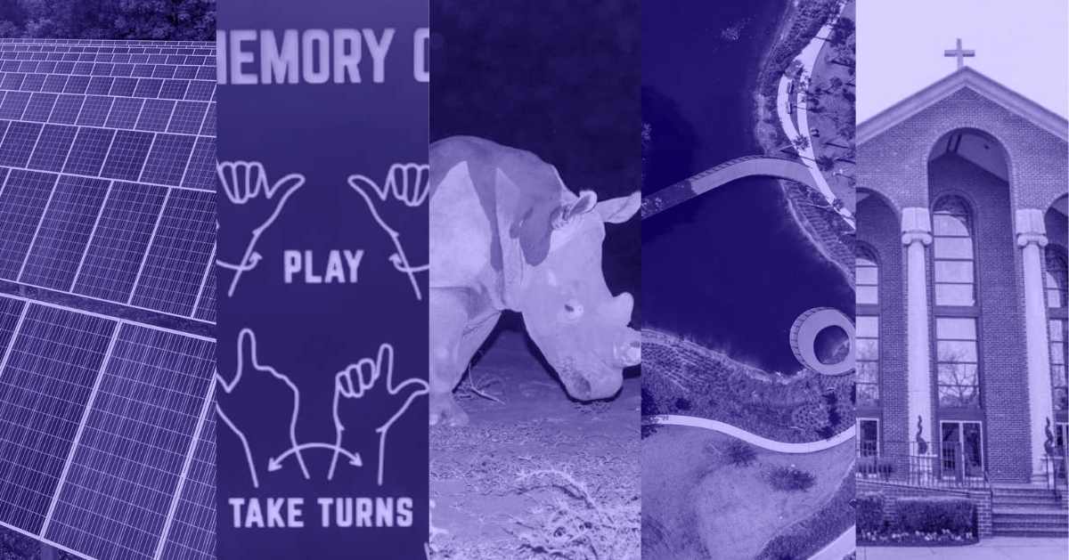 A photo collage of a solar farm, a signage with ASL illustrations, a rhino, a park next to the ocean, and a church