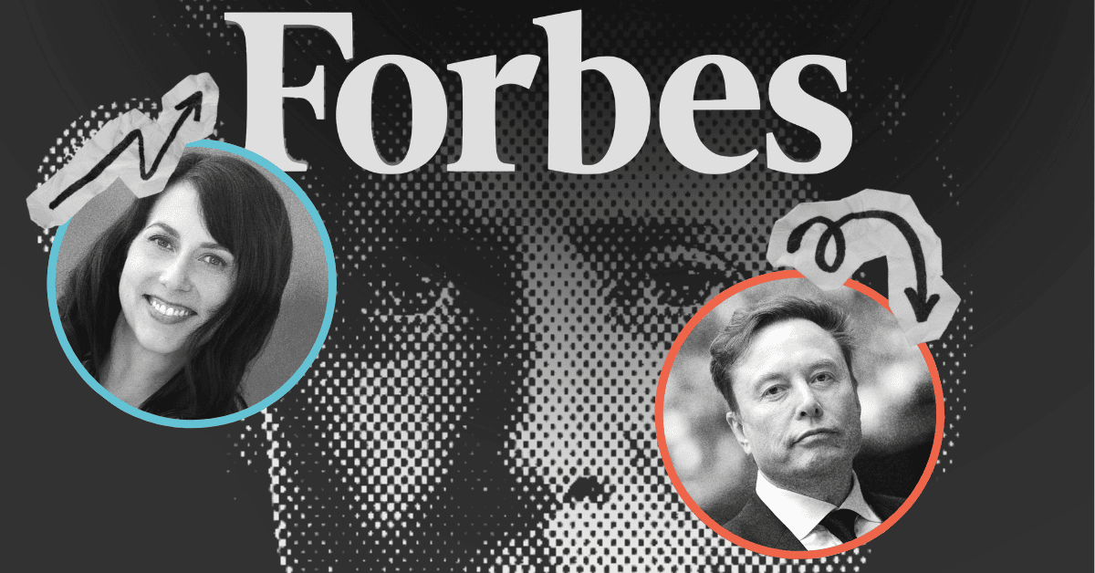 Forbes headline over a stylized halftone face background, with two circular black-and-white portraits: MacKenzie Scott on the left outlined in blue with an upward arrow, and Elon Musk on the right outlined in orange with a looping downward arrow above him