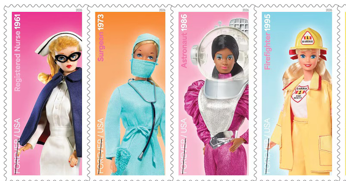 Four Barbie stamps designed by the USPS, featuring Barbie dolls dressed as a nurse, surgeon, astronaut, and firefighter