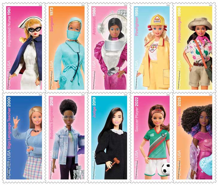 Ten Barbie stamps, featuring the doll dressed as: A nurse, a surgeon, an astronaut, a firefighter, a safari explorer, a teacher, a robotics engineer, a judge, a soccer player, and a pop star