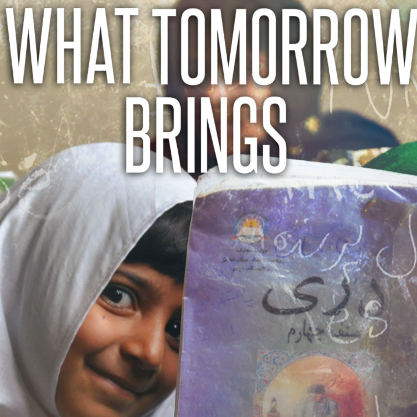 A smiling little girl holds up a schoolbook on the documentary poster for What Tomorrow Brings