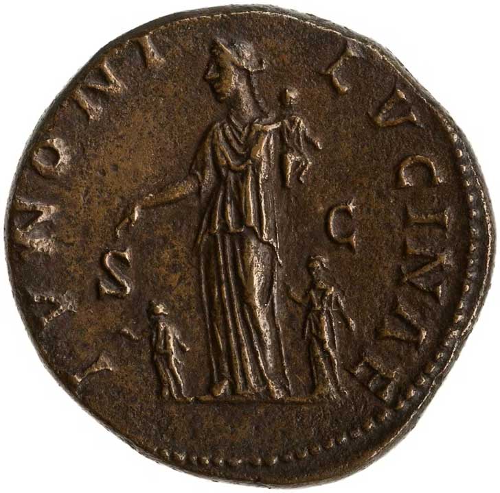 Ancient Roman bronze coin with the goddess Juno Lucina,