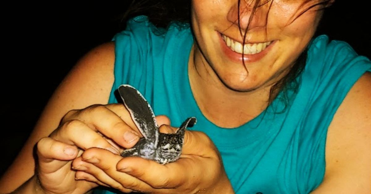 In a closeup, a smiling woman holds up a baby leatherback turtle on a beach at night.