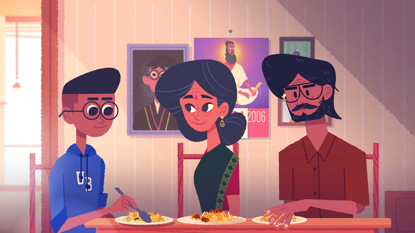 An illustration of a South Asian woman, her husband, and son, in the video game "Venba"