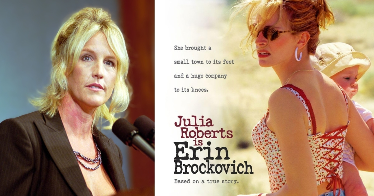 On the left, young, blonde activist Erin Brockovich speaks at an event in the early 2000s. On the right, the movie poster for the 2000 film "Erin Brockovich" in which Julia Roberts is holding an infant.