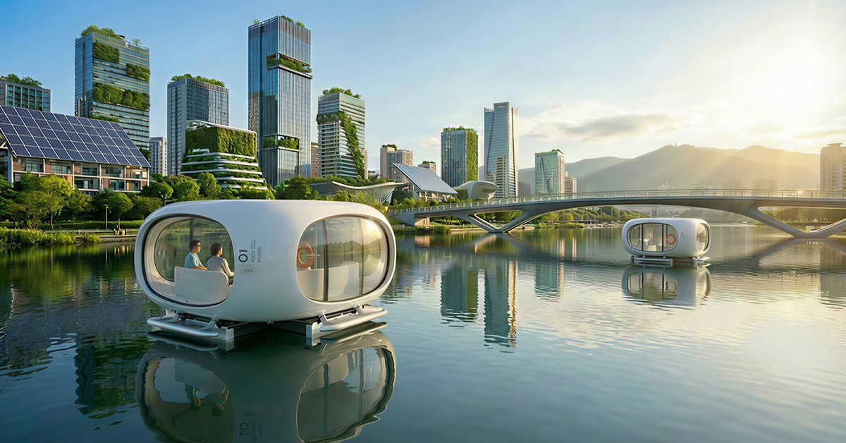 A rendering of a solar-powered ferry on a Korean river