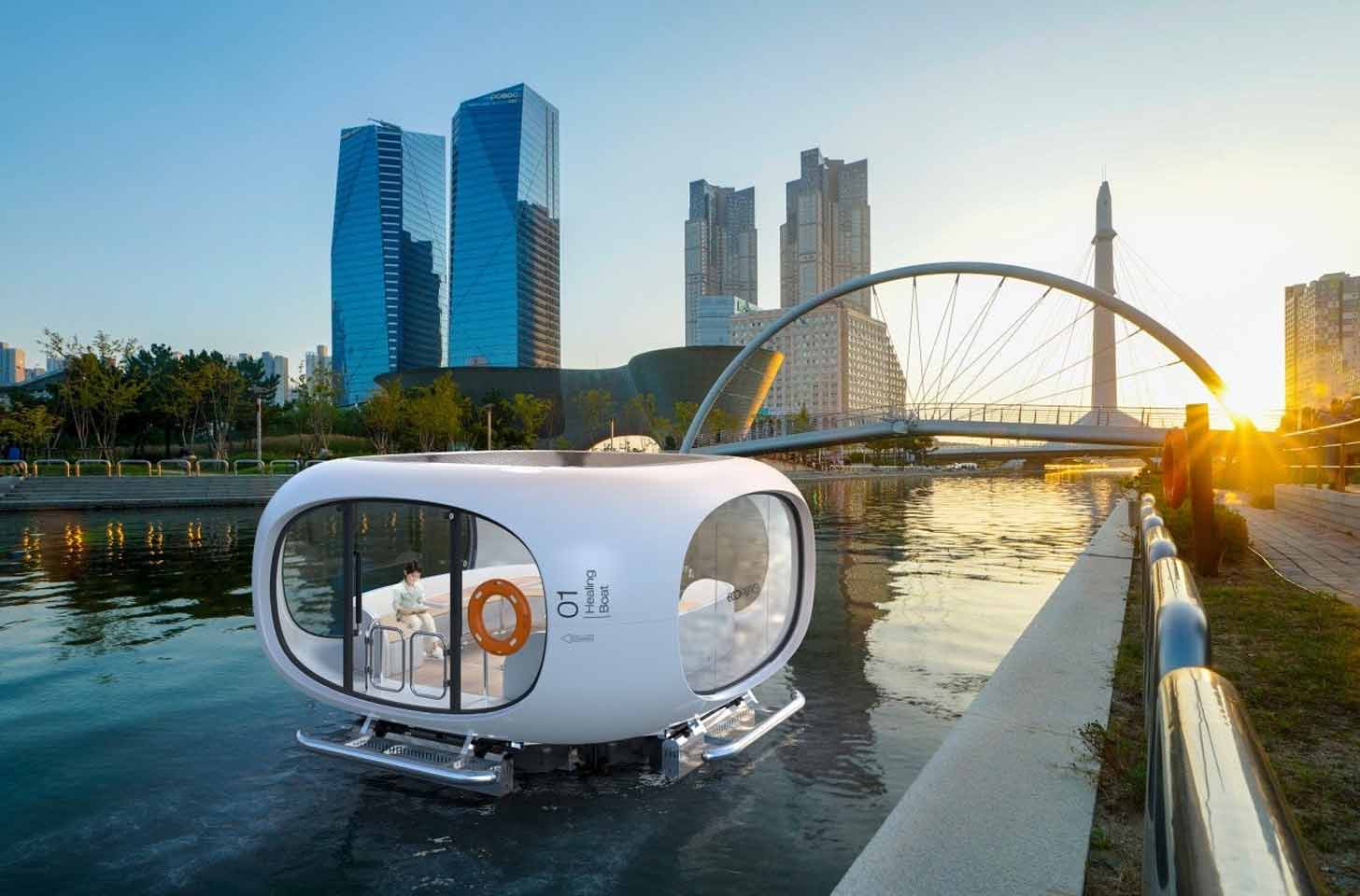 A rendering of a solar-powered ferry on a Korean river