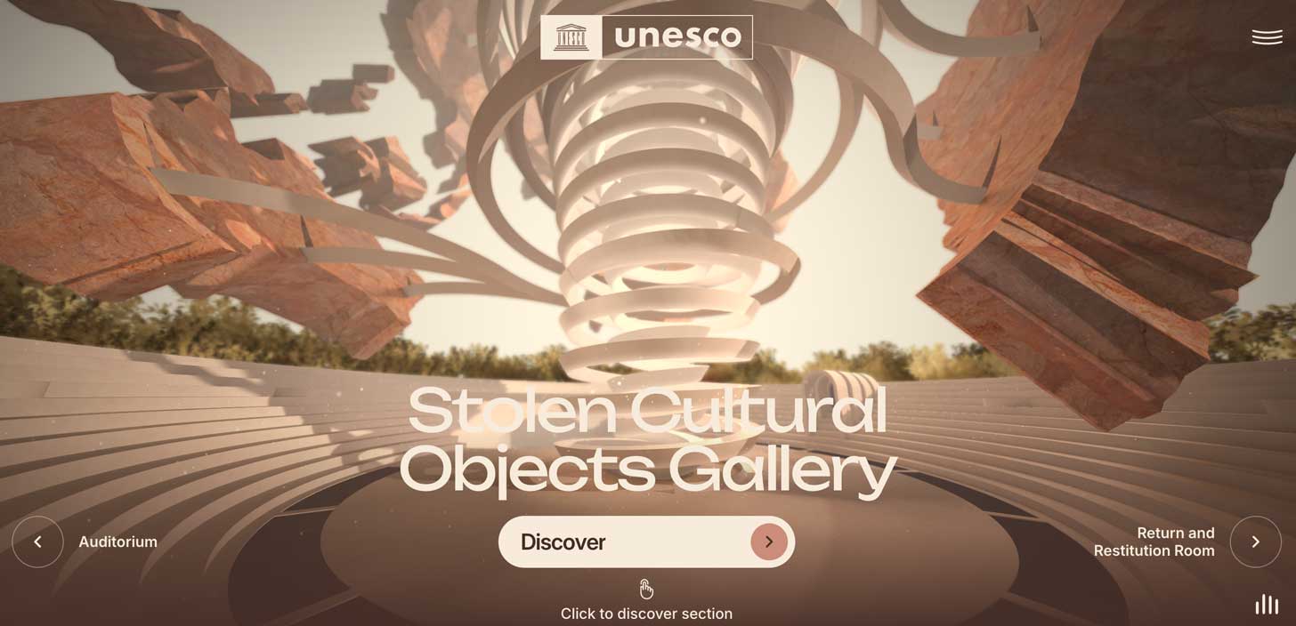 A screenshot of the landing page of the UNESCO Museum of Stolen Objects