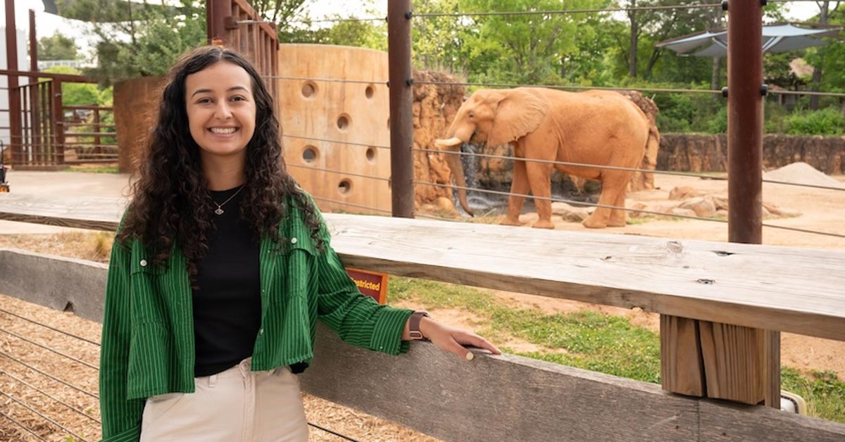 A college student with long, brown curly hair stands in front of an elephant habitat at Zoo Atlanta