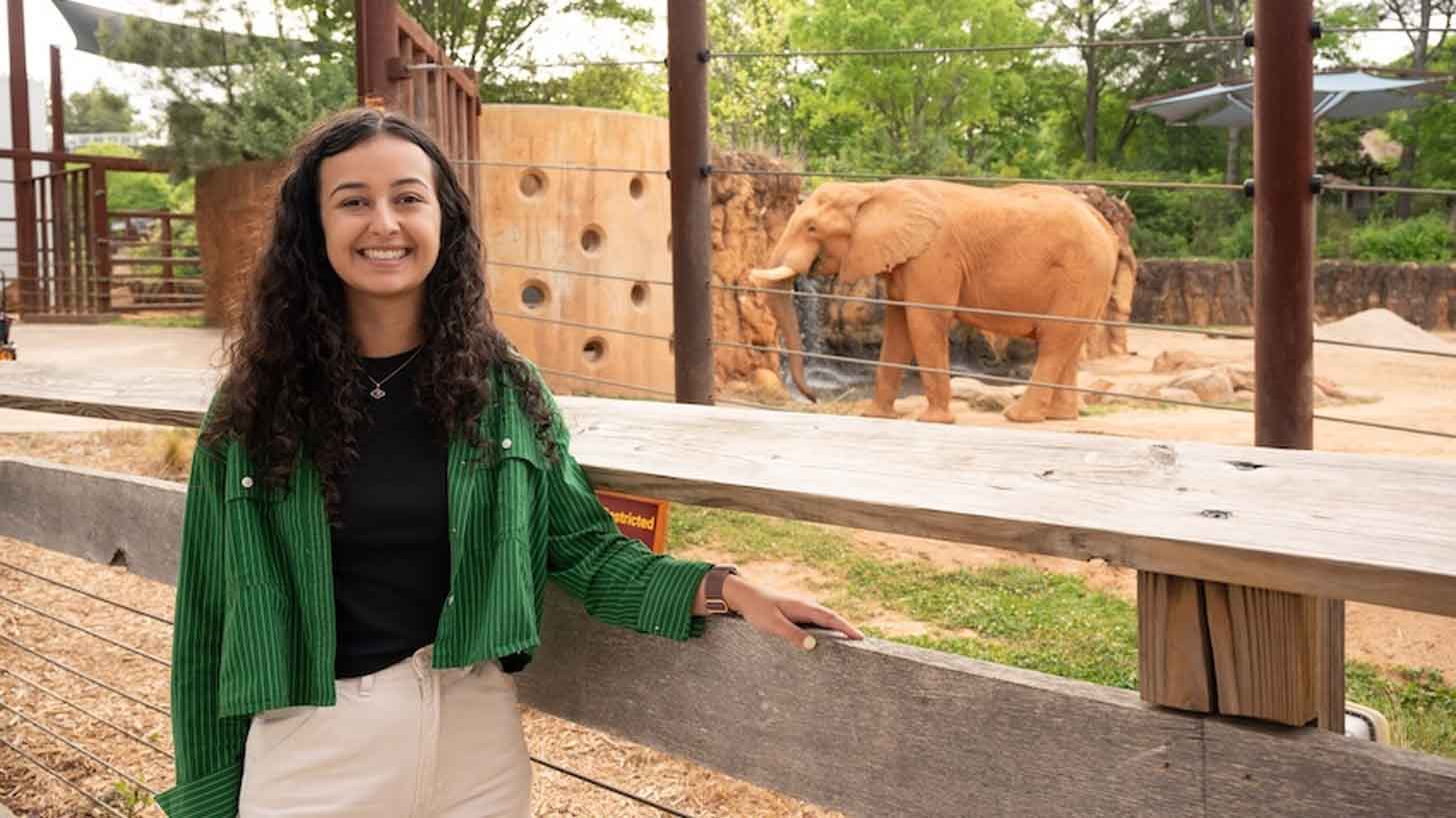 A college student with long, brown curly hair stands in front of an elephant habitat at Zoo Atlanta