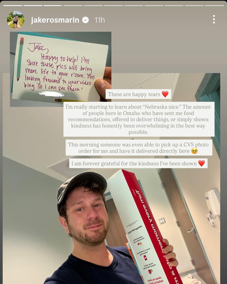 A screenshot of an Instagram story posted by user @jakerosmarin, crying while holding a box and a hand-written note