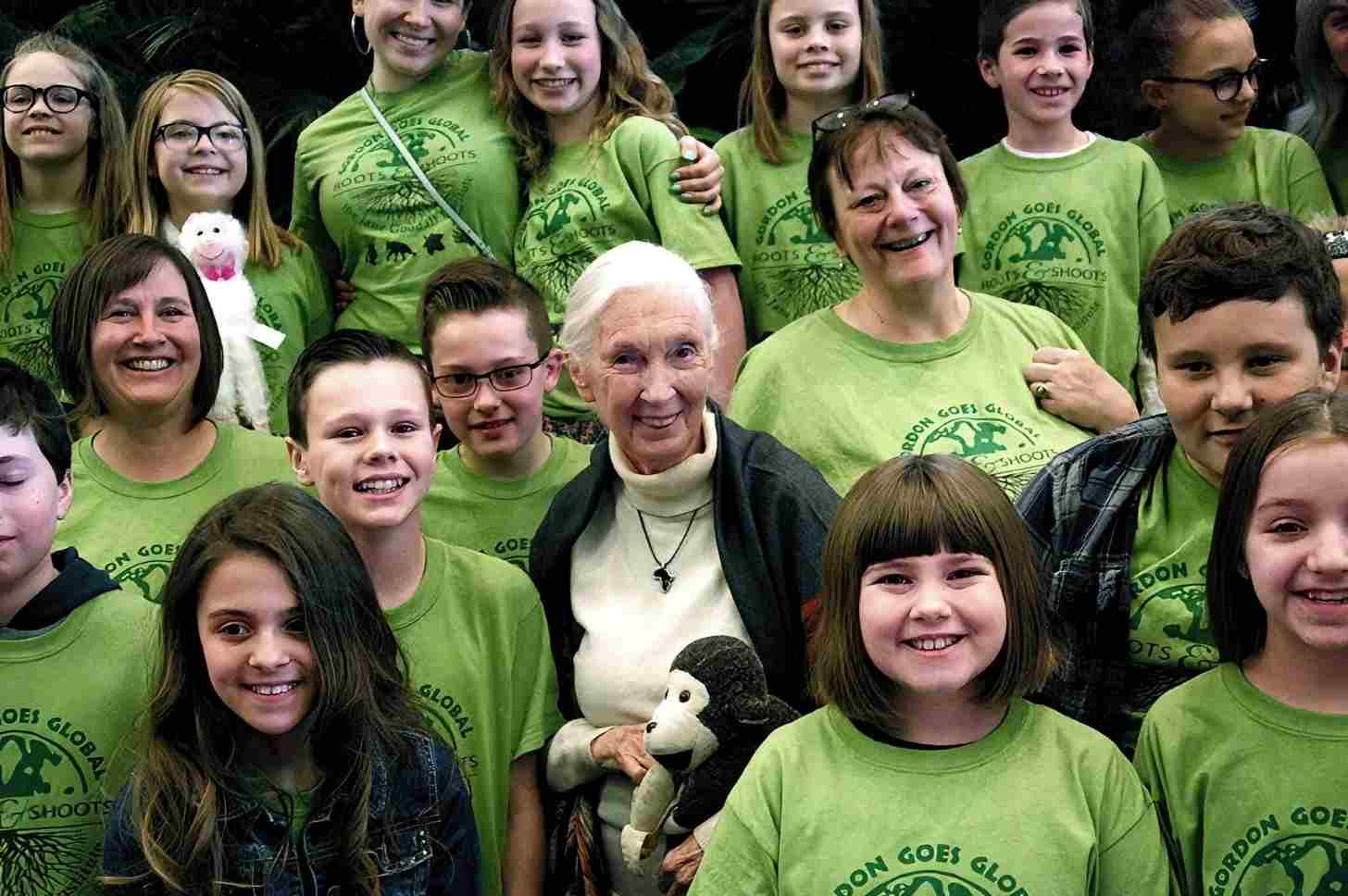 Jane Goodall with Roots & Shoots members. Image by Mary Paris/JGI.
