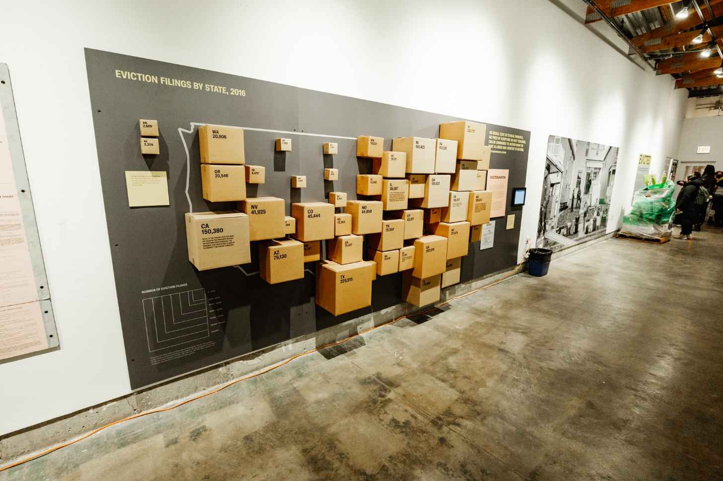 Inside a museum, a map of the United States measures the number of evictions per state with cardboard boxes