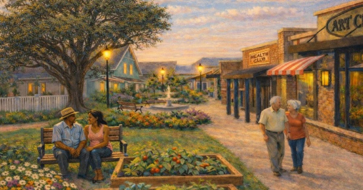A mockup of elderly people walking along an idyllic main street