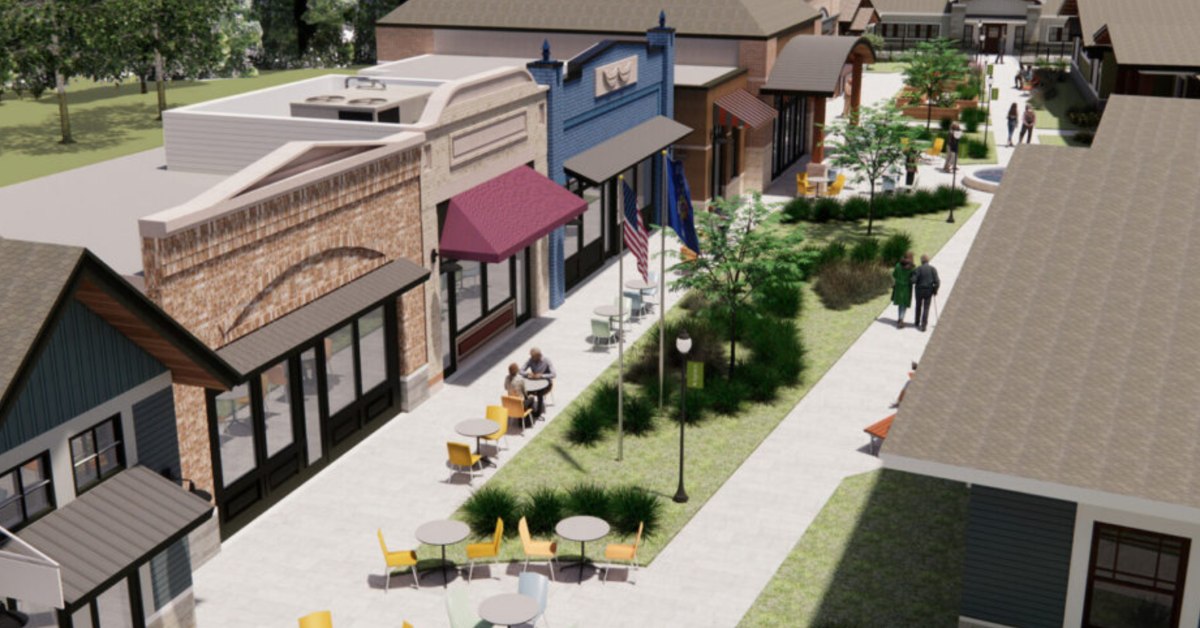 An aerial mockup of an idyllic main street