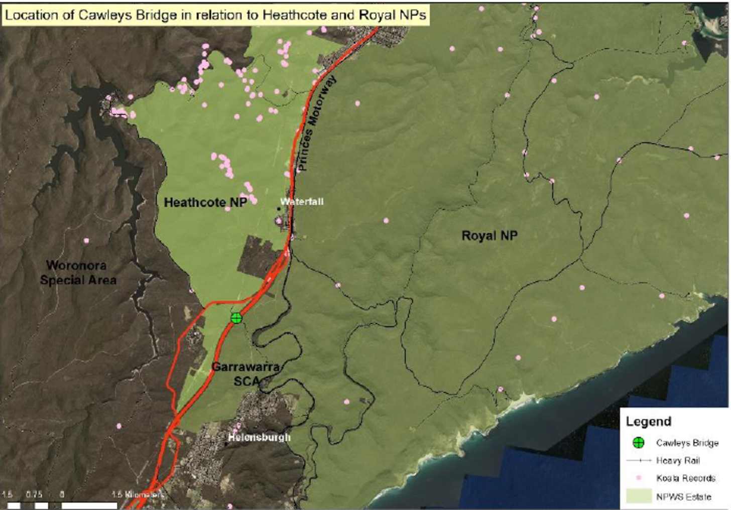 A map of Cawley's Bridge in Australia