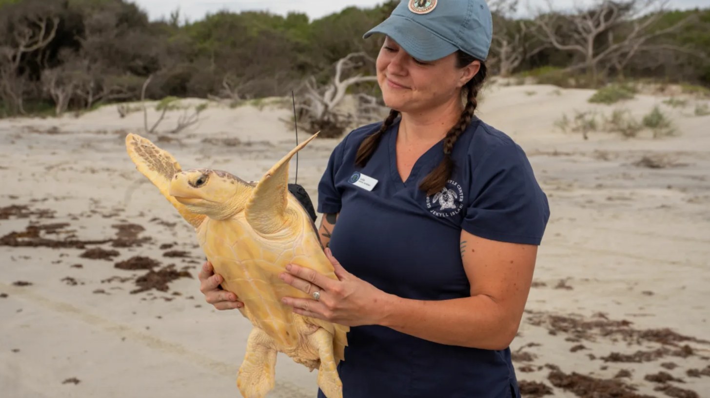 A woman in a blue polo shirt in hat smiles as she holds a sea turtle on a beach