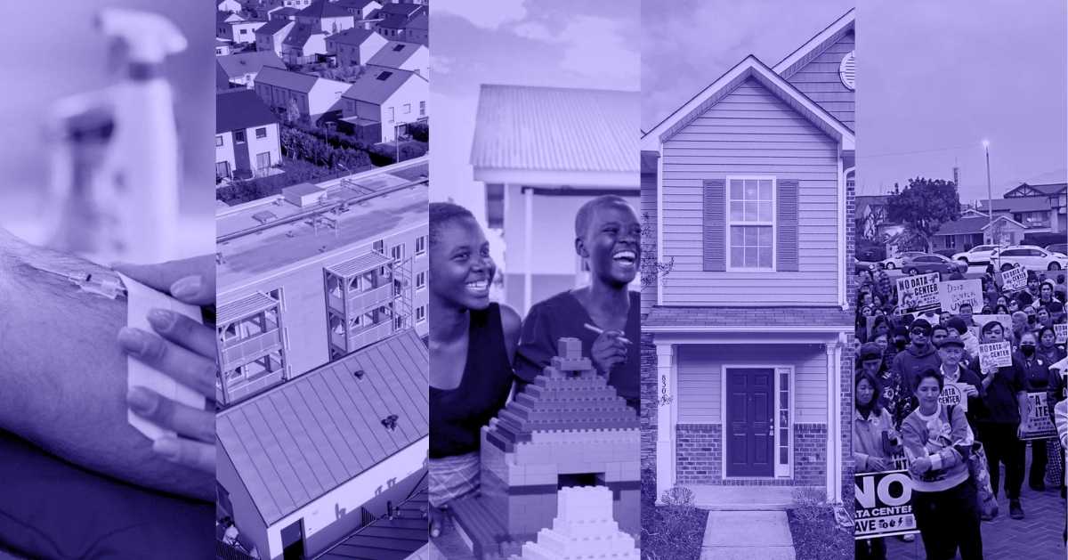 A photo collage of a person's arm with a needle taped over it for blood donation, a 3D-printed apartment complex, two girls laugh in front of LEGO building blocks, the front of a house, and a crowd of protestors holding up signs against data centers