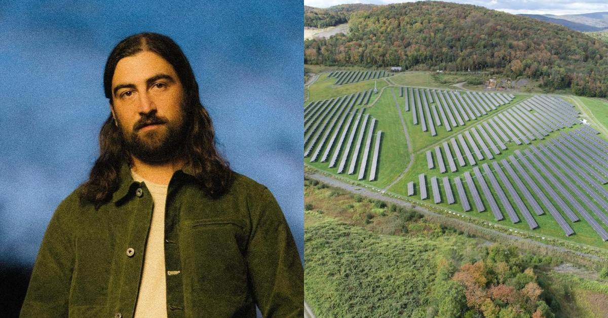 Two photos side by side. On the left: Singer Noah Kahan in front of a blue dusk sky. On the right: An aerial view of a solar farm in Strafford, Vermont
