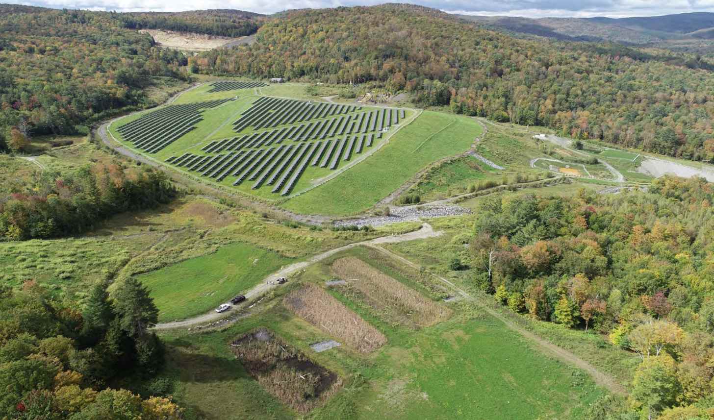 An aerial view of a 20,000-panel solar farm in Strafford, Vermont