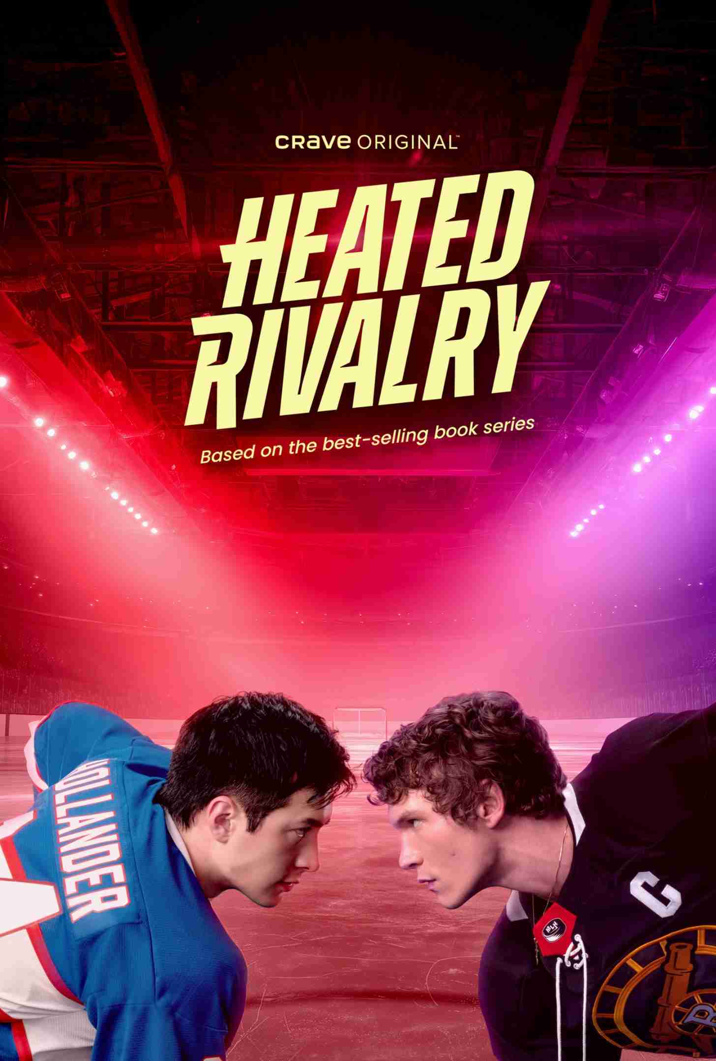 The cover art for HBO and Crave show "Heated Rivalry," featuring two male hockey players facing off on the ice