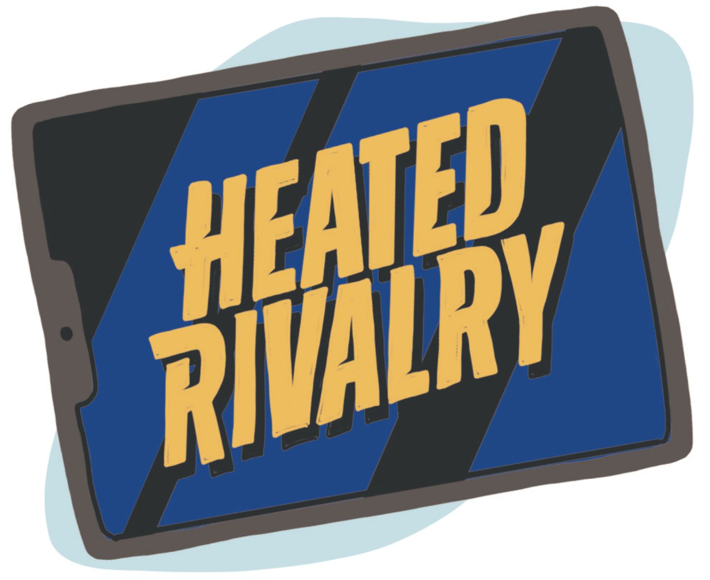 An illustrated tablet with the words "heated rivalry" displayed on the screen