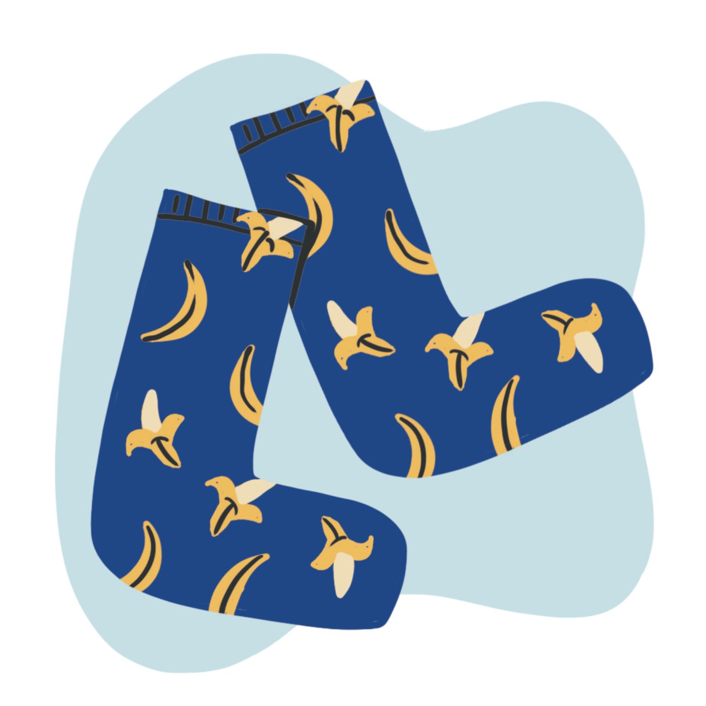 An illustration of blue socks with bananas on them