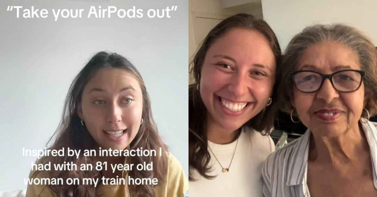 On the left: A woman smiles while talking to the camera. Her caption says: "Take your AirPods out" and "Inspired by an interaction I had with an 81 woman on my train home". On the right: 2 women, one 27, the other 81, smile as they stand close together 